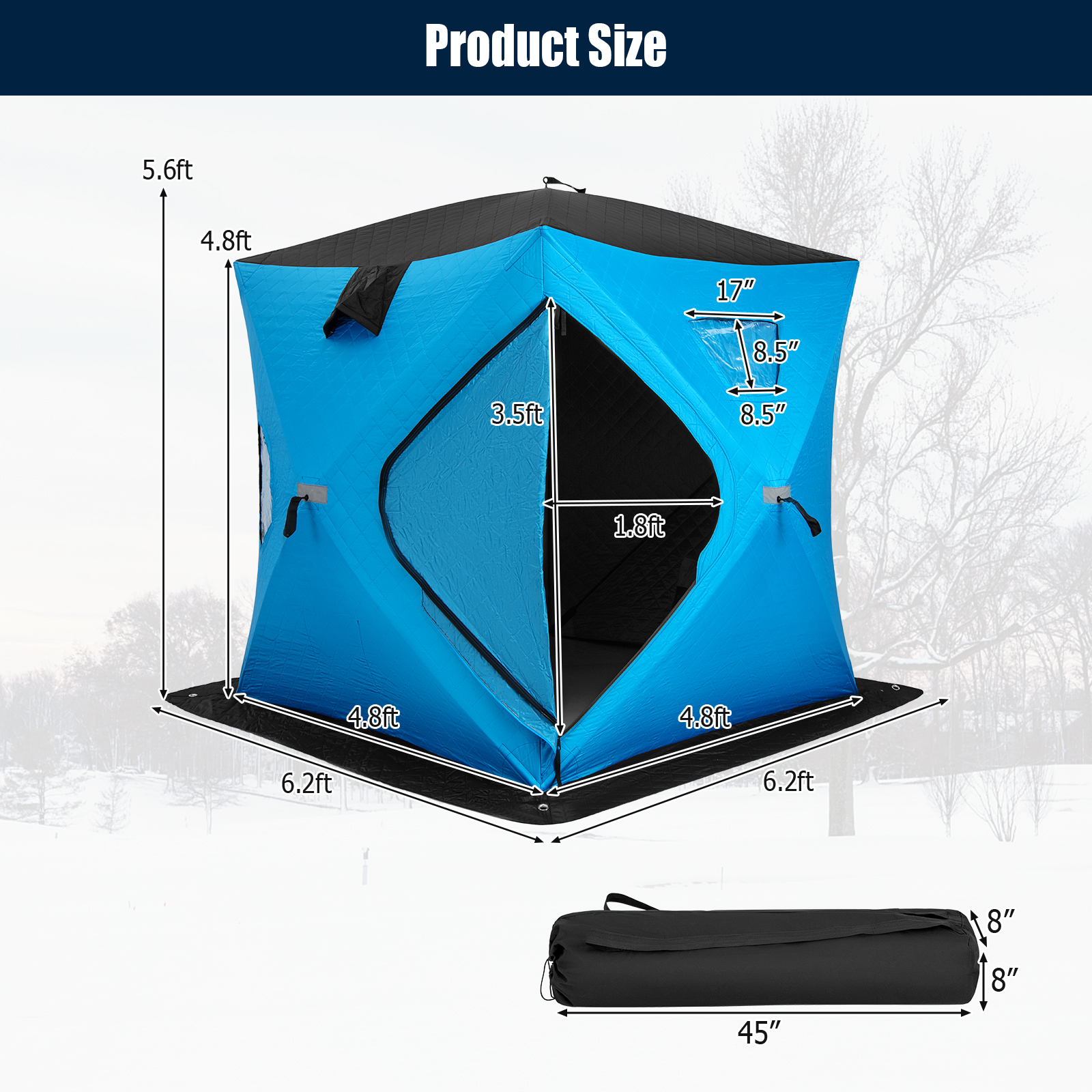 Costway 6.5 x 6.5 Foot Two Person Portable Ice Fishing Tent with Padded Walls
