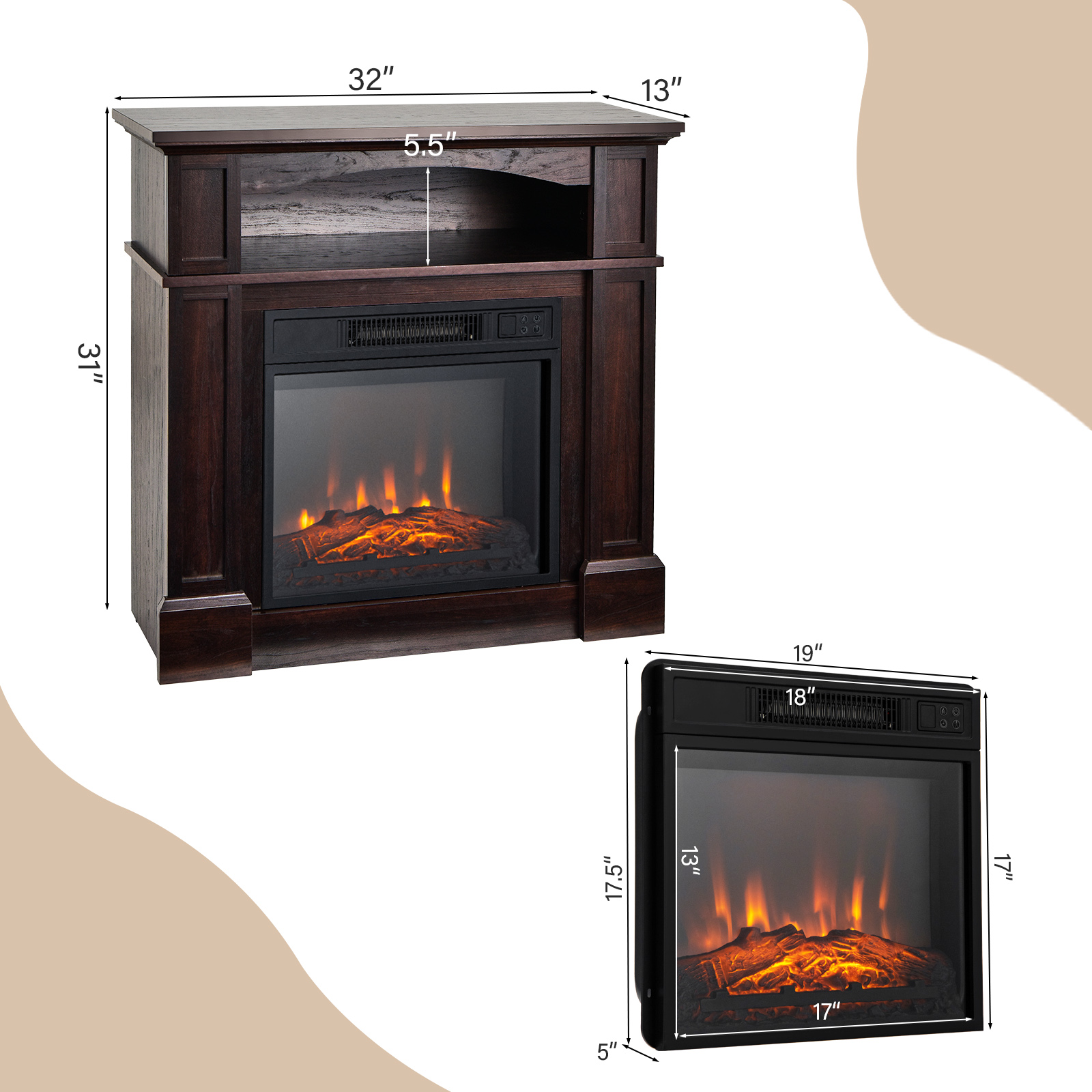 Costway 32 Inch Electric Fireplace Television Stand with Media Shelf