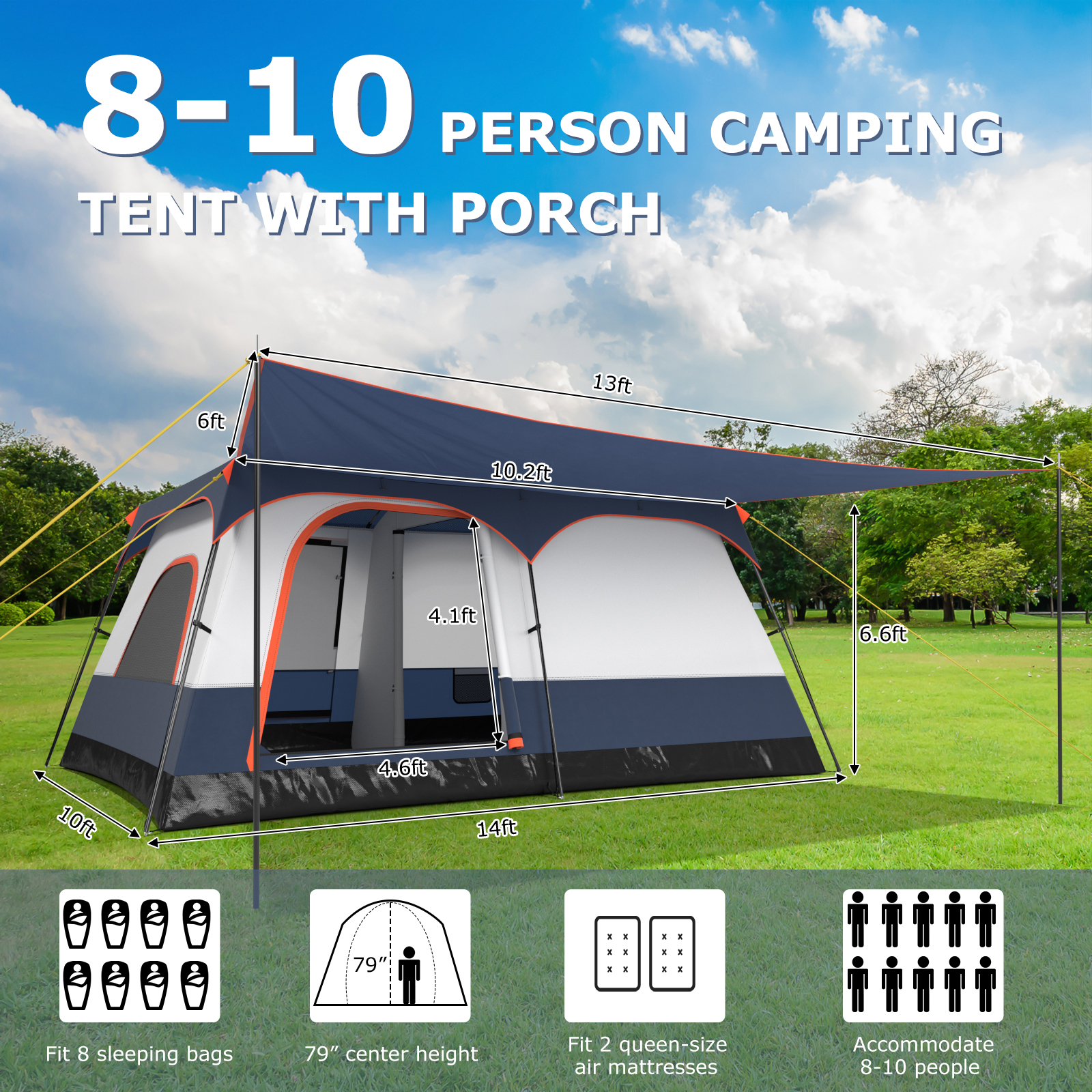 Costway 14 x 10 Foot Ten Person Camping Tent with Double Rooms
