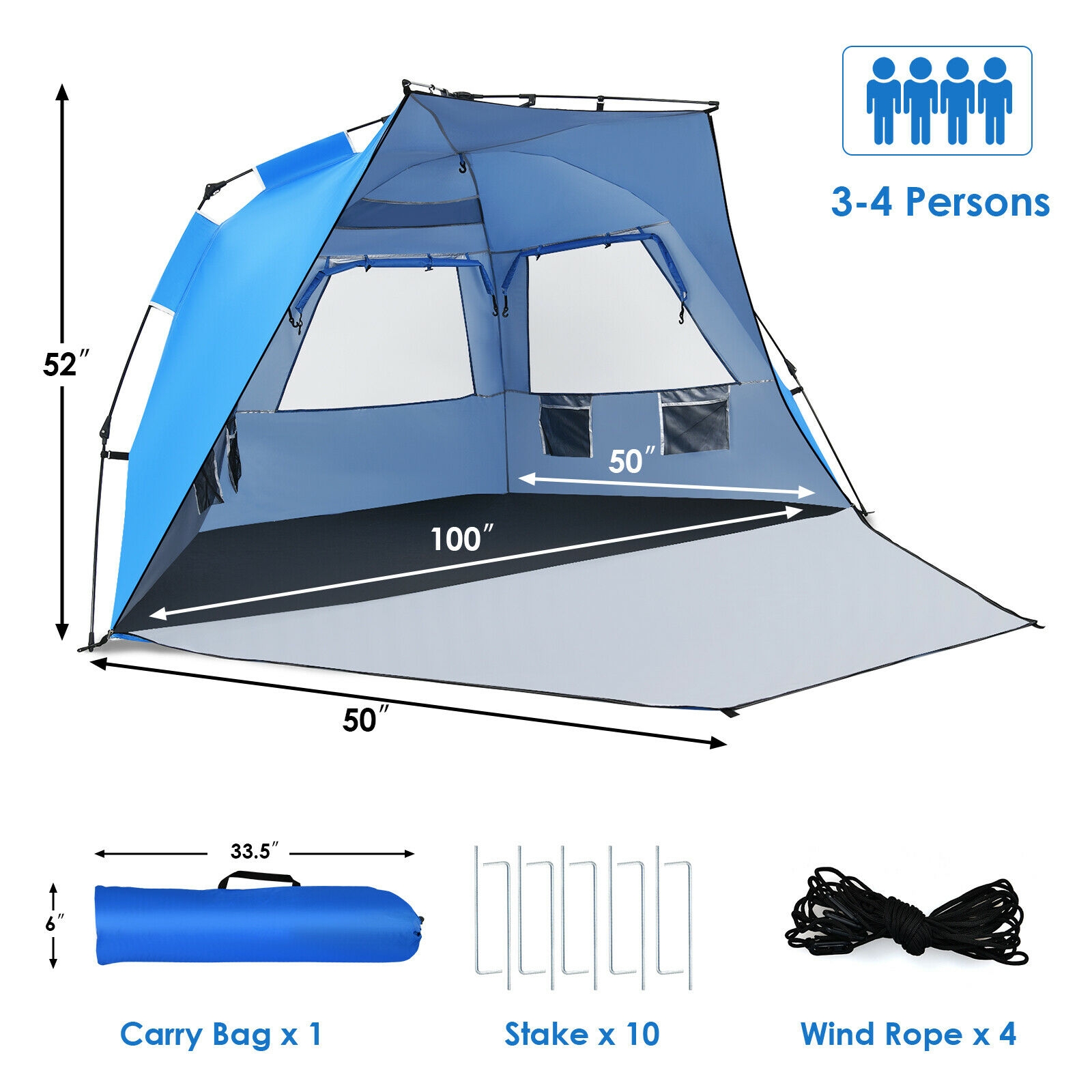 Costway 8 x 4 Foot Four-Person Pop Up Beach Tent
