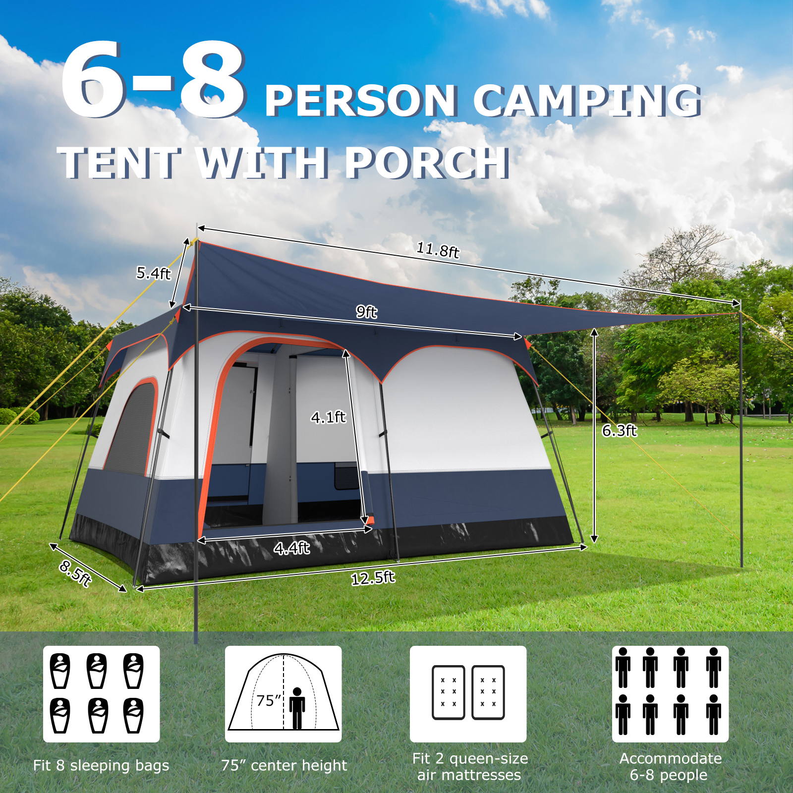 Costway 12.5 x 8.5 Foot Eight Person Camping Tent with Double Rooms