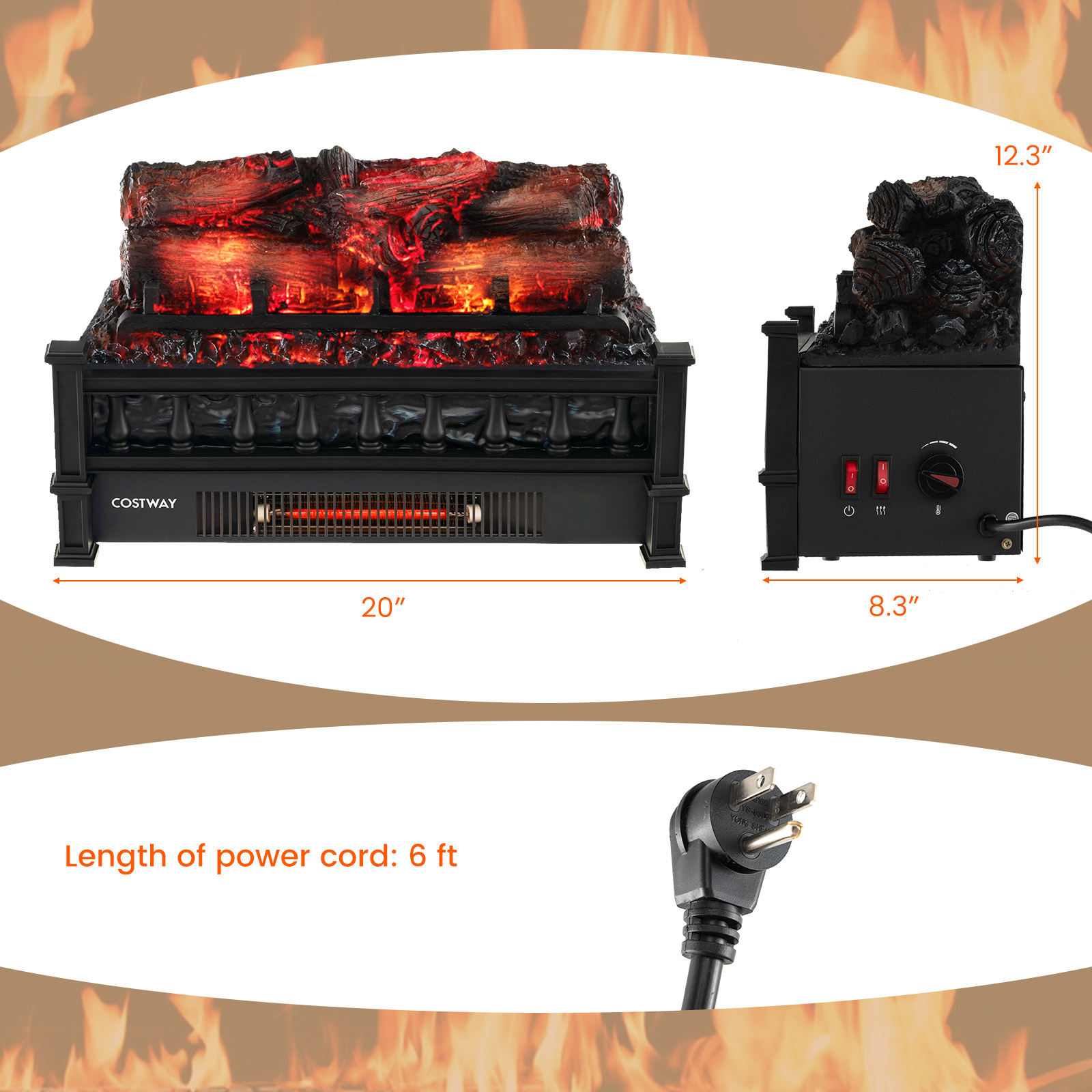 Costway 20 Inch Resin Log Electric Fireplace Heater