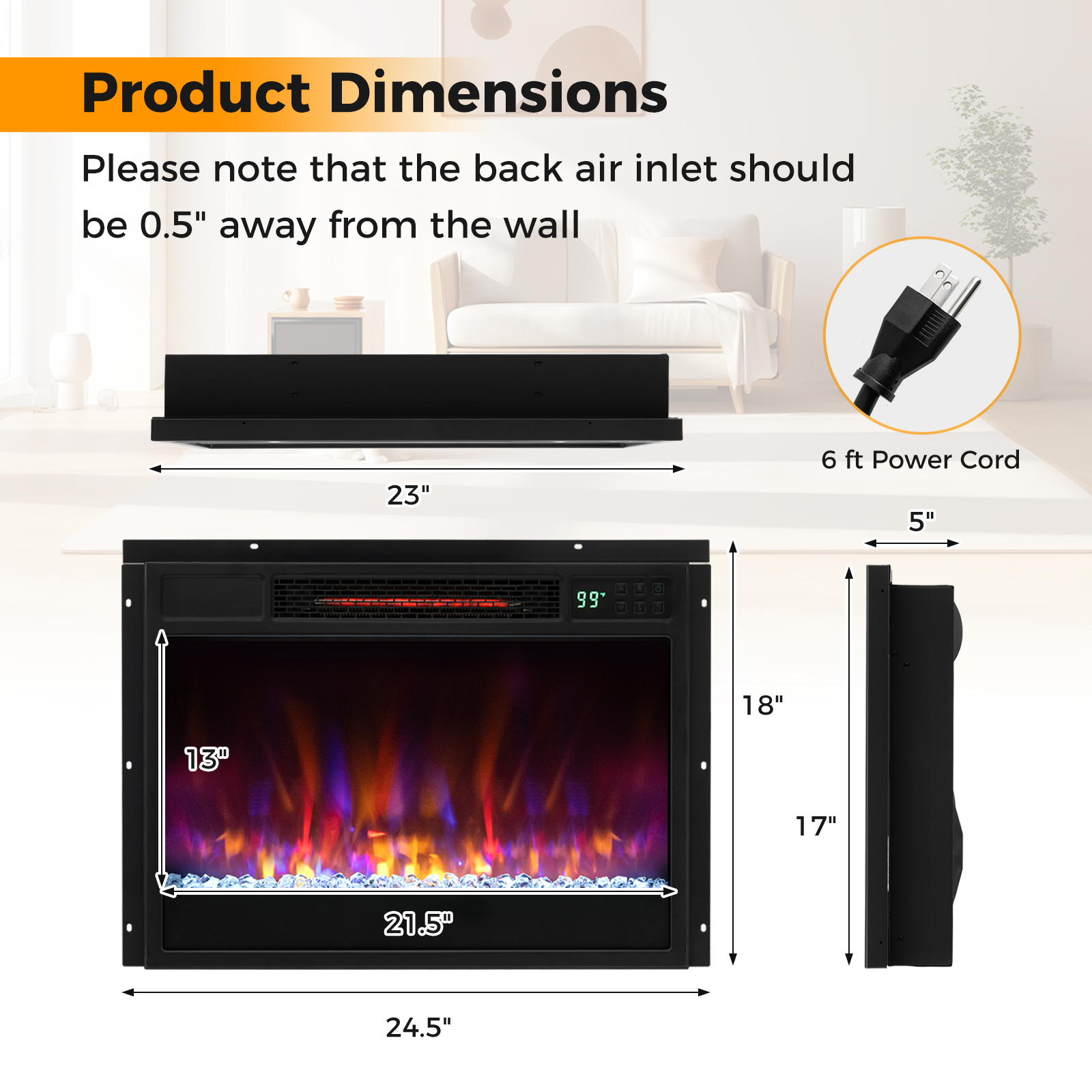 Costway 23 Inch 1500W Remote Control Modern Electric Fireplace Mantel Insert