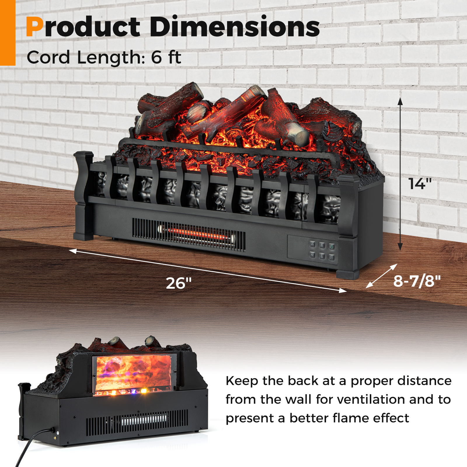 Costway 26 Inch Resin Log Electric Fireplace Heater