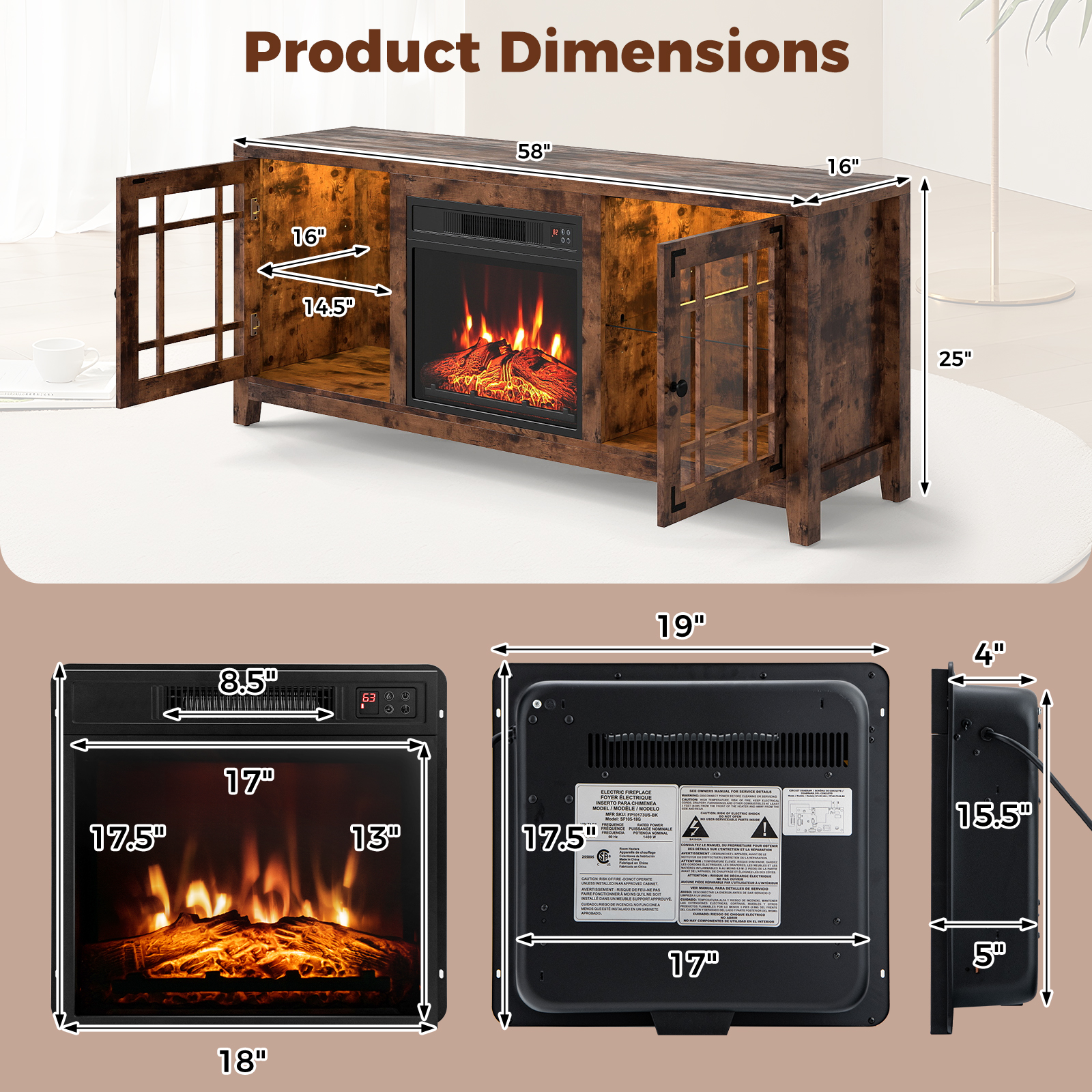 Costway 58 Inch Electric Fireplace TV Stand with LED Accent Lights