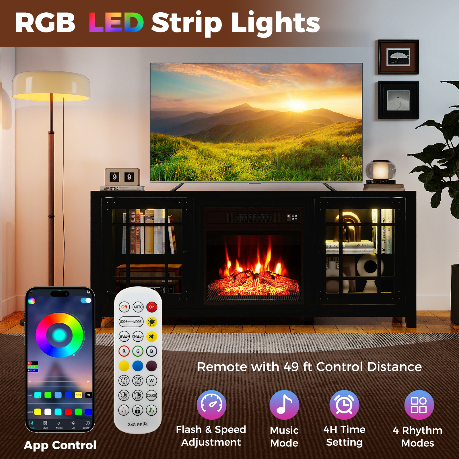 Costway 58 Inch Electric Fireplace TV Stand with LED Accent Lights