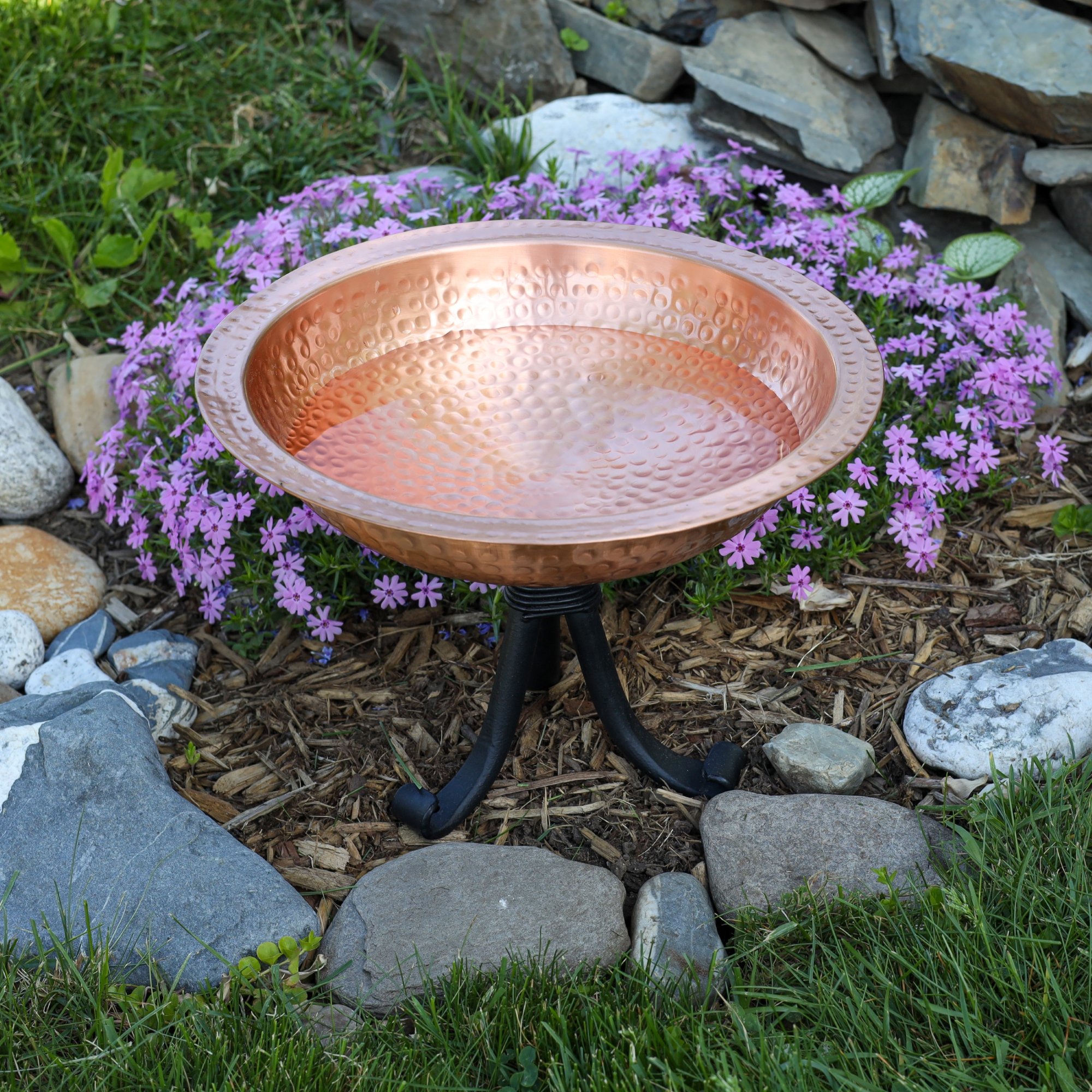 Achla 12 Inch Hammered Solid Copper Birdbath with Tripod Stand