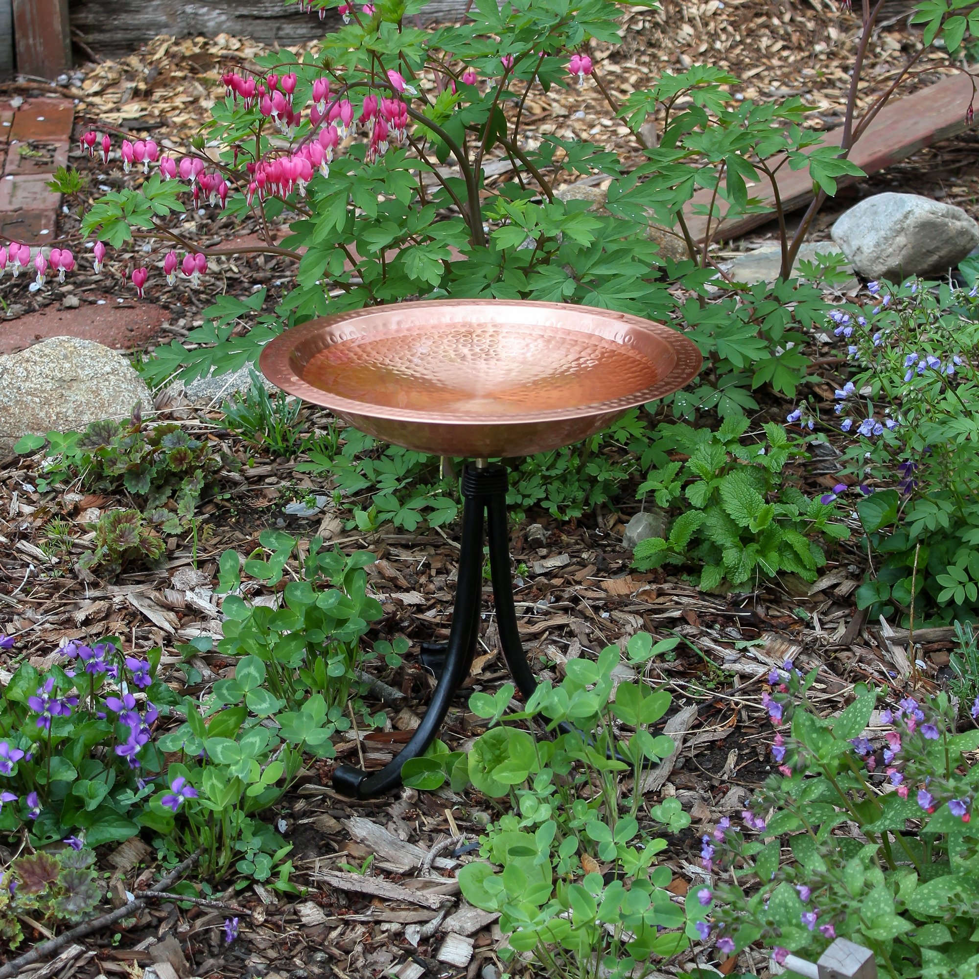 Achla 14 Inch Hammered Solid Copper Birdbath with Tripod Stand