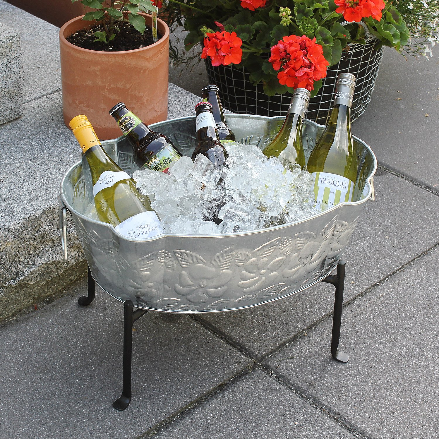 Achla 20 Inch Galvanized Steel Embossed Tub with Folding Stand