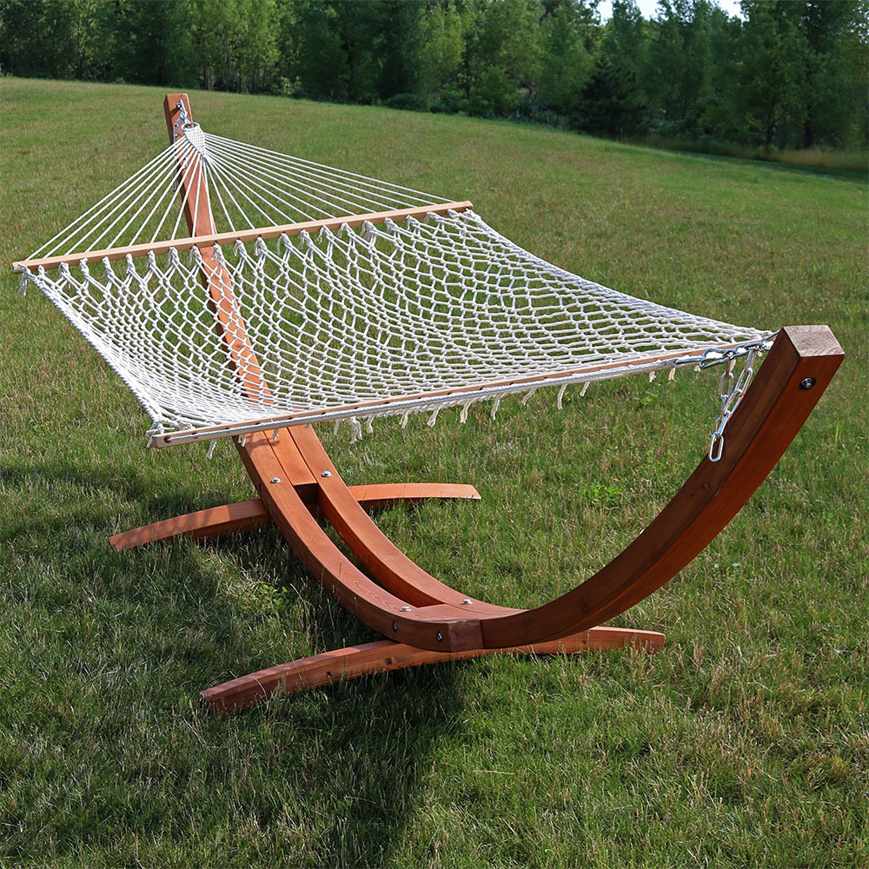 Sunnydaze Two-Person Rope Hammock with Curved Wooden Stand