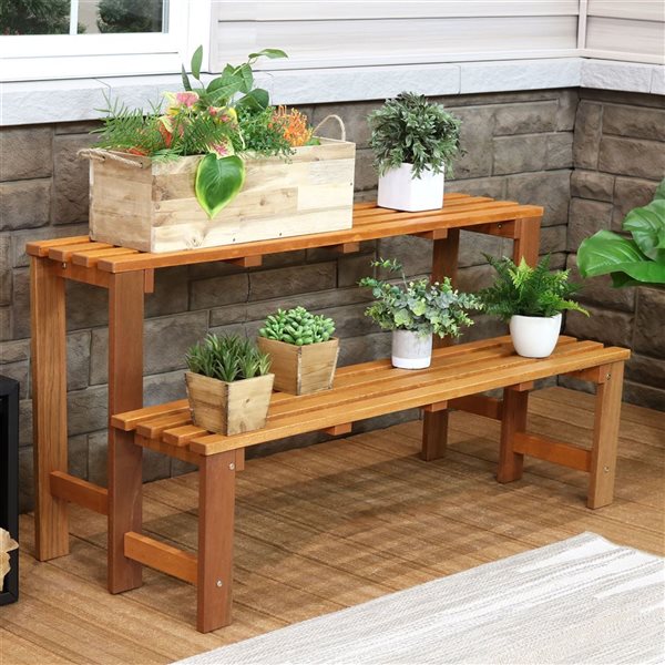 Sunnydaze 2-Tier Meranti Wood Outdoor Plant Stand