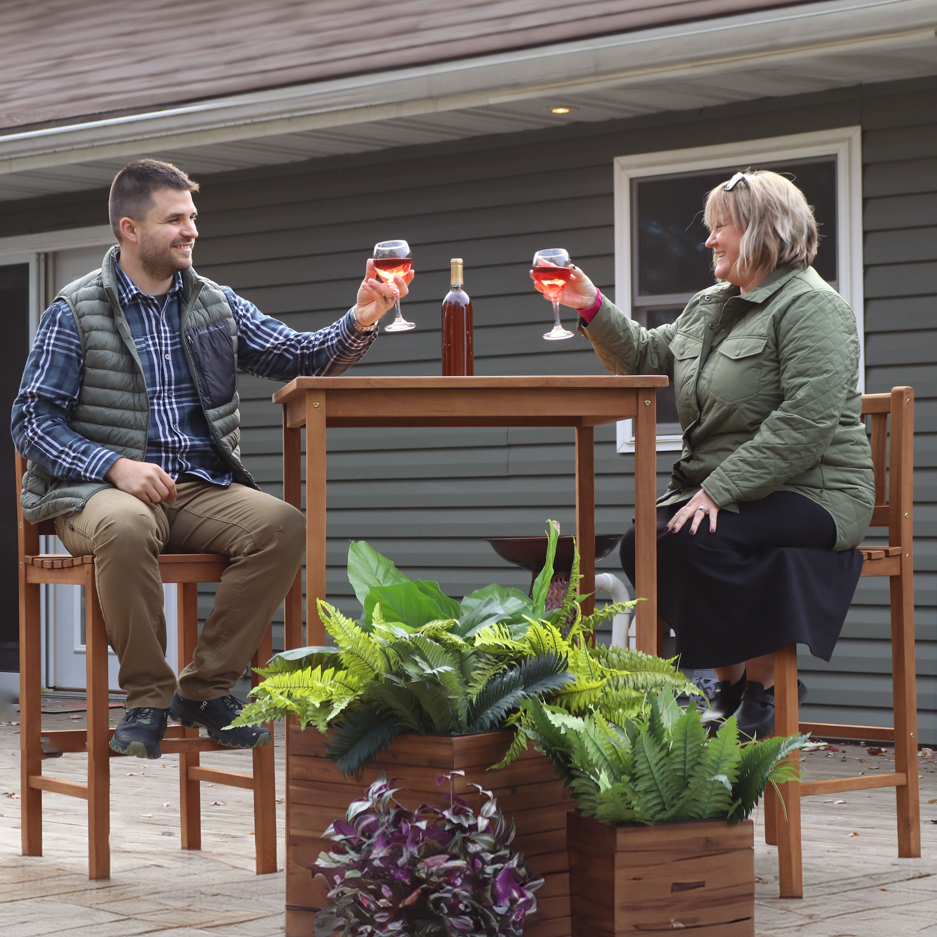 Sunnydaze 3-Piece Teak Wood Patio Bar-Height Table and Chairs