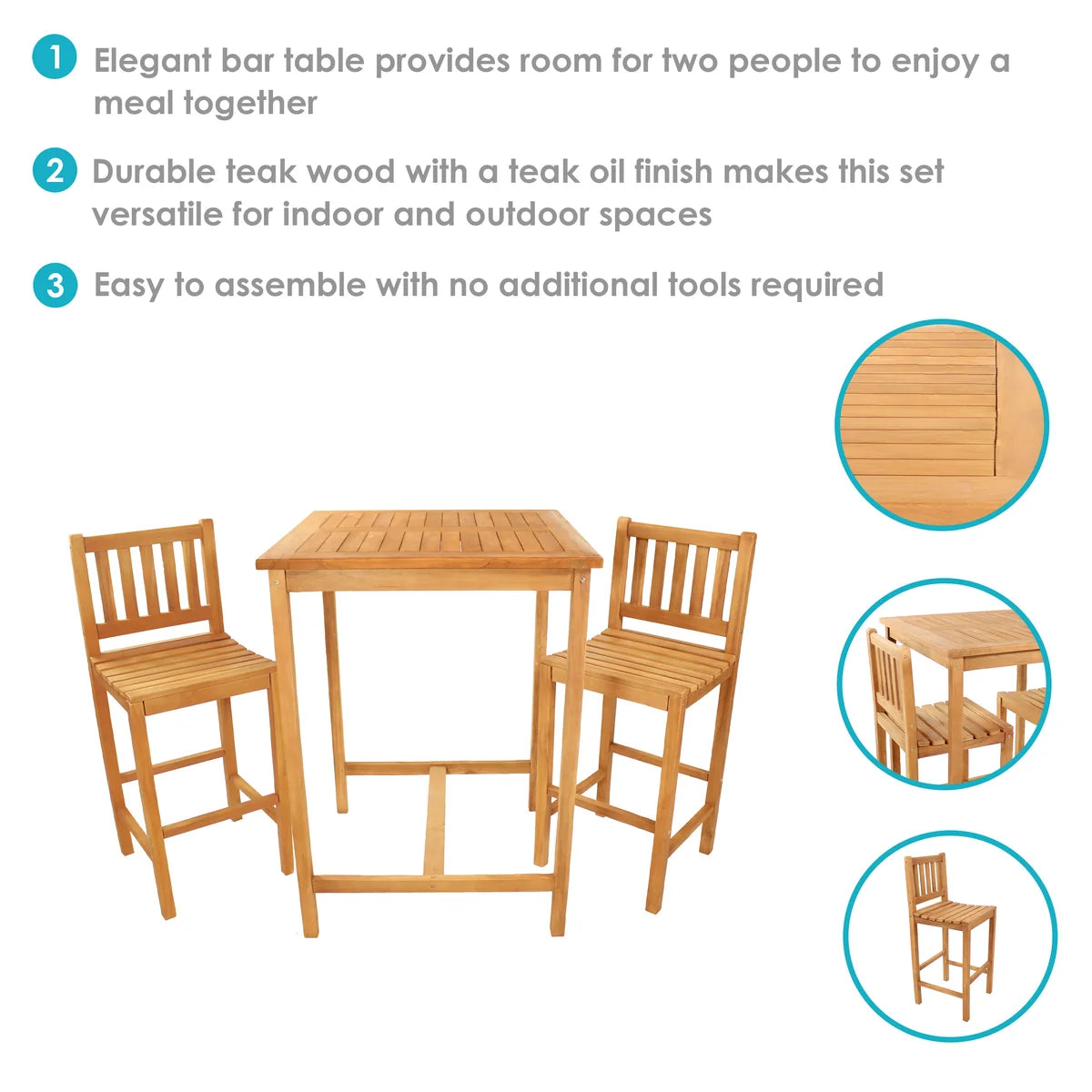 Sunnydaze 3-Piece Teak Wood Patio Bar-Height Table and Chairs