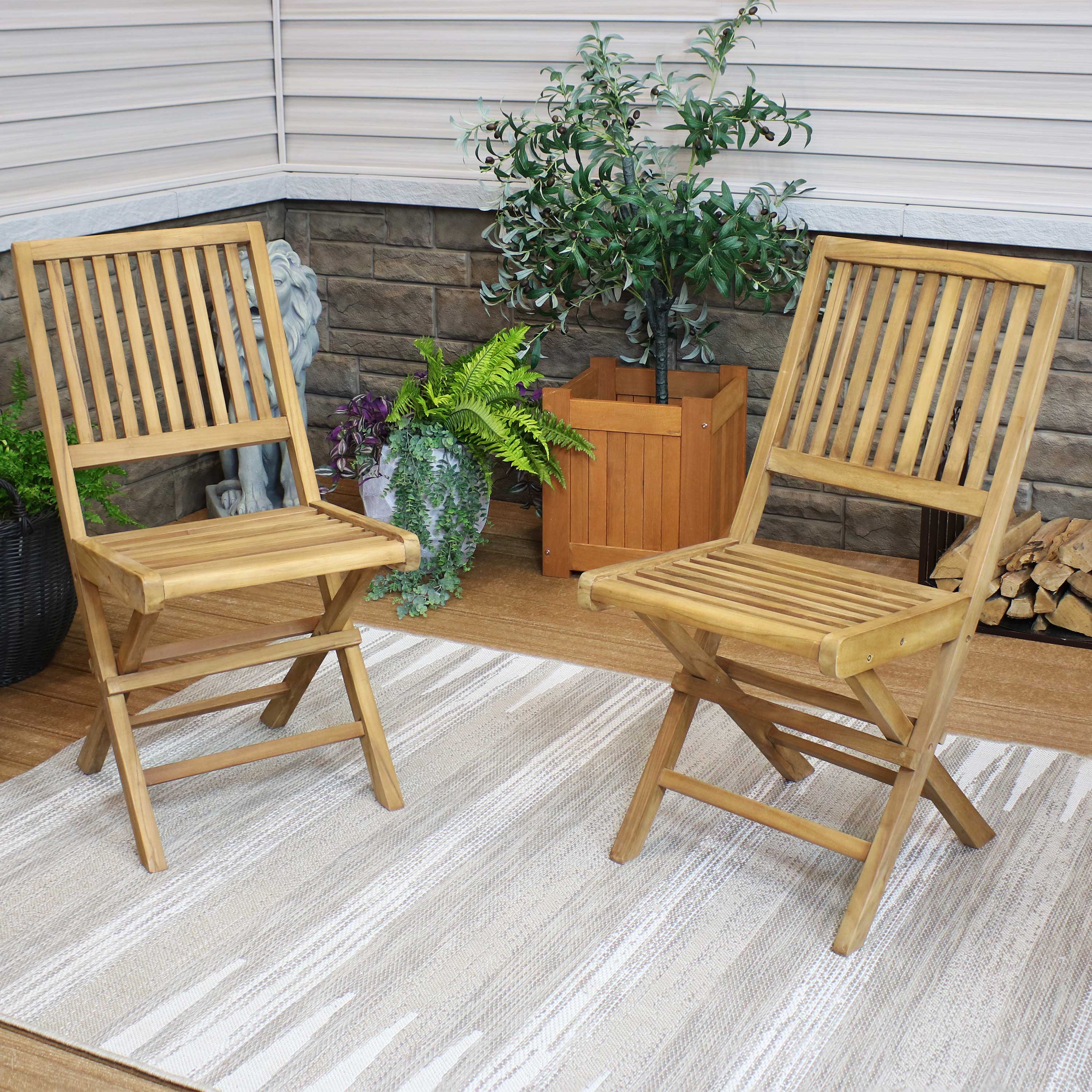 Sunnydaze Nantasket Teak Wood Outdoor Folding Patio Chair - Set of 2