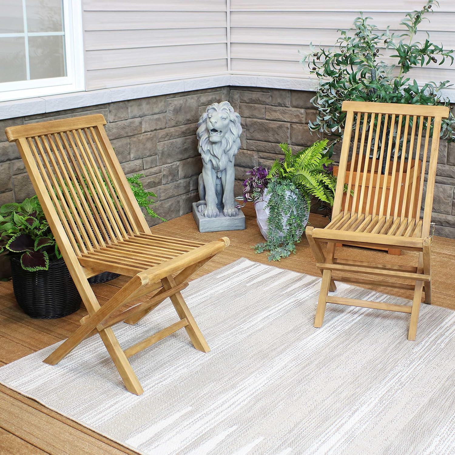 Sunnydaze Hyannis Teak Wood Outdoor Folding Patio Chair - Set of 2