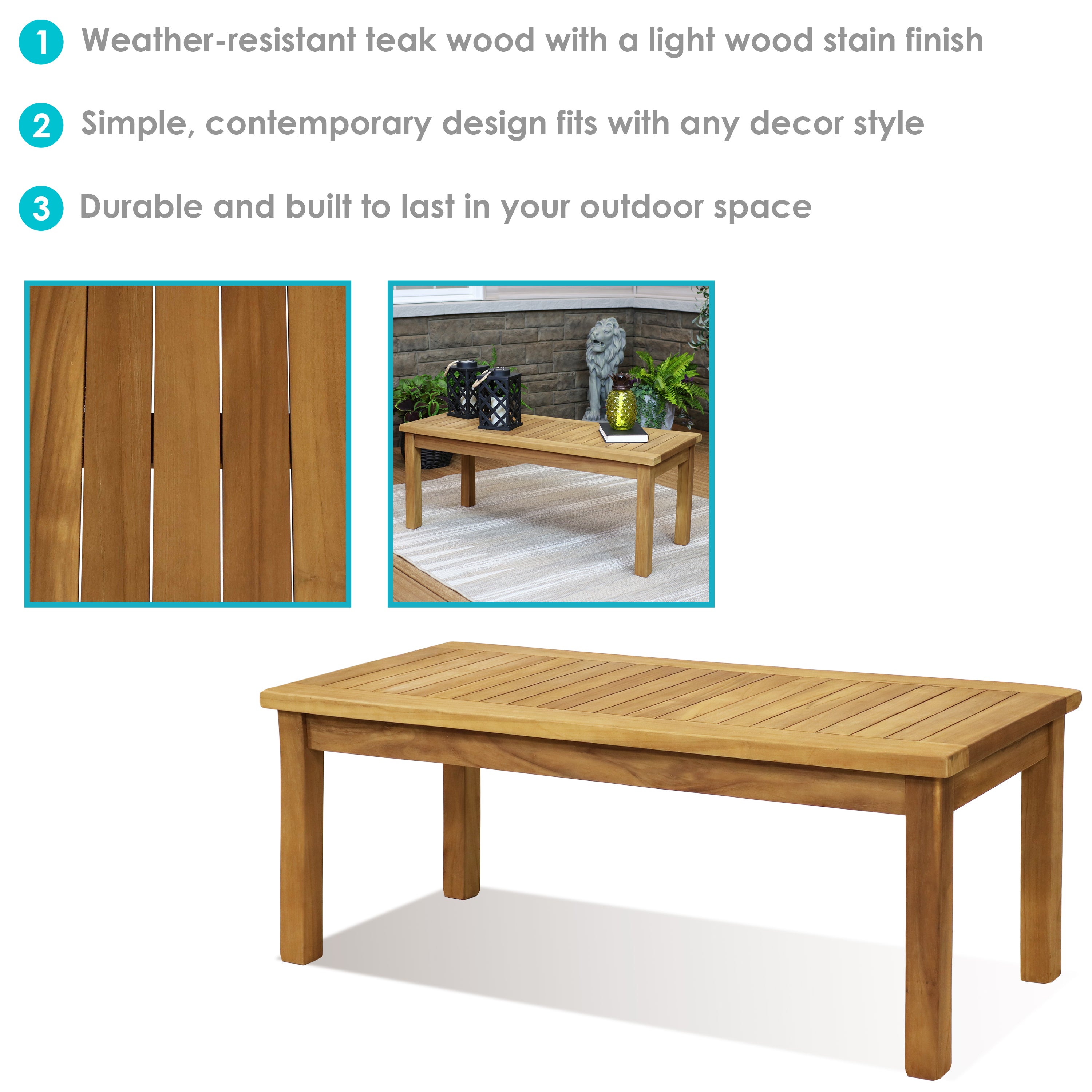 Sunnydaze 45 Inch Teak Wood Outdoor Coffee Table