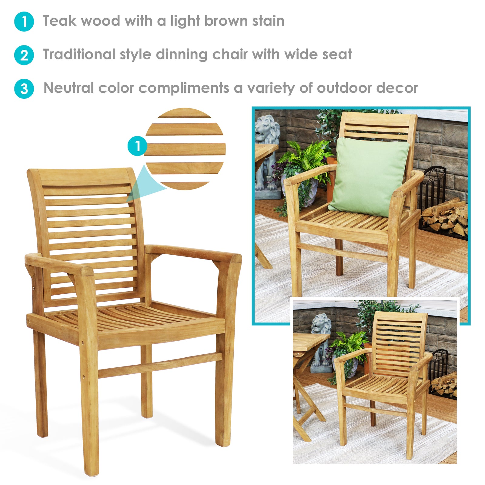 Sunnydaze Teak Wood Outdoor Patio Dining Armchair