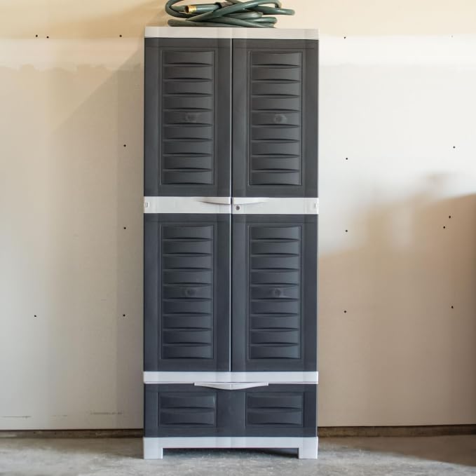 Sunnydaze 58 Inch Lockable Storage Cabinet with Shelves and Bottom Drawer